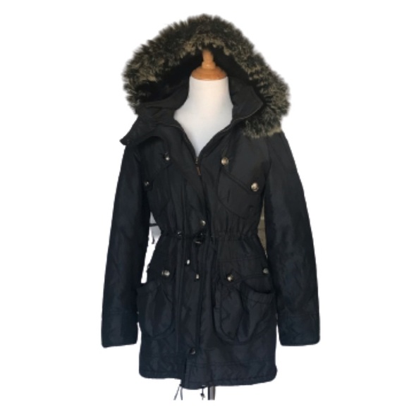 Laundry By Shelli Segal Black Fox Fur Trim hooded Parka Jacket Coat size small - Picture 2 of 10